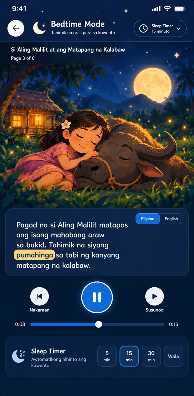 Bedtime Mode with a night illustration and sleep timer options