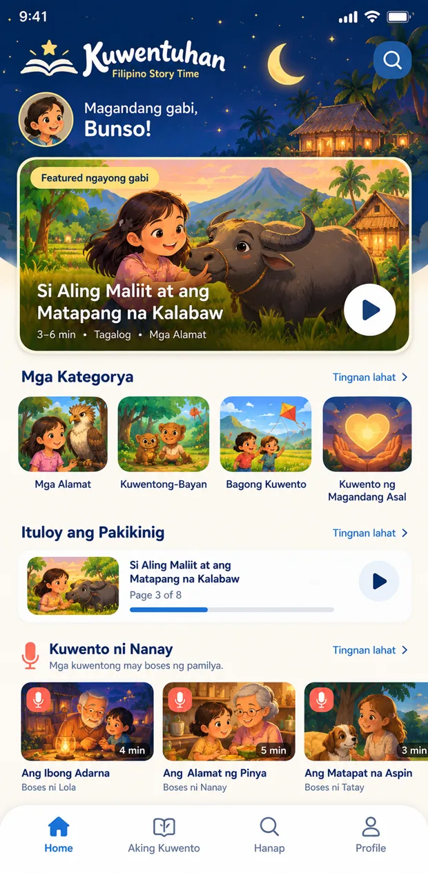 Kuwentuhan home screen with a featured story, categories, and family voice stories