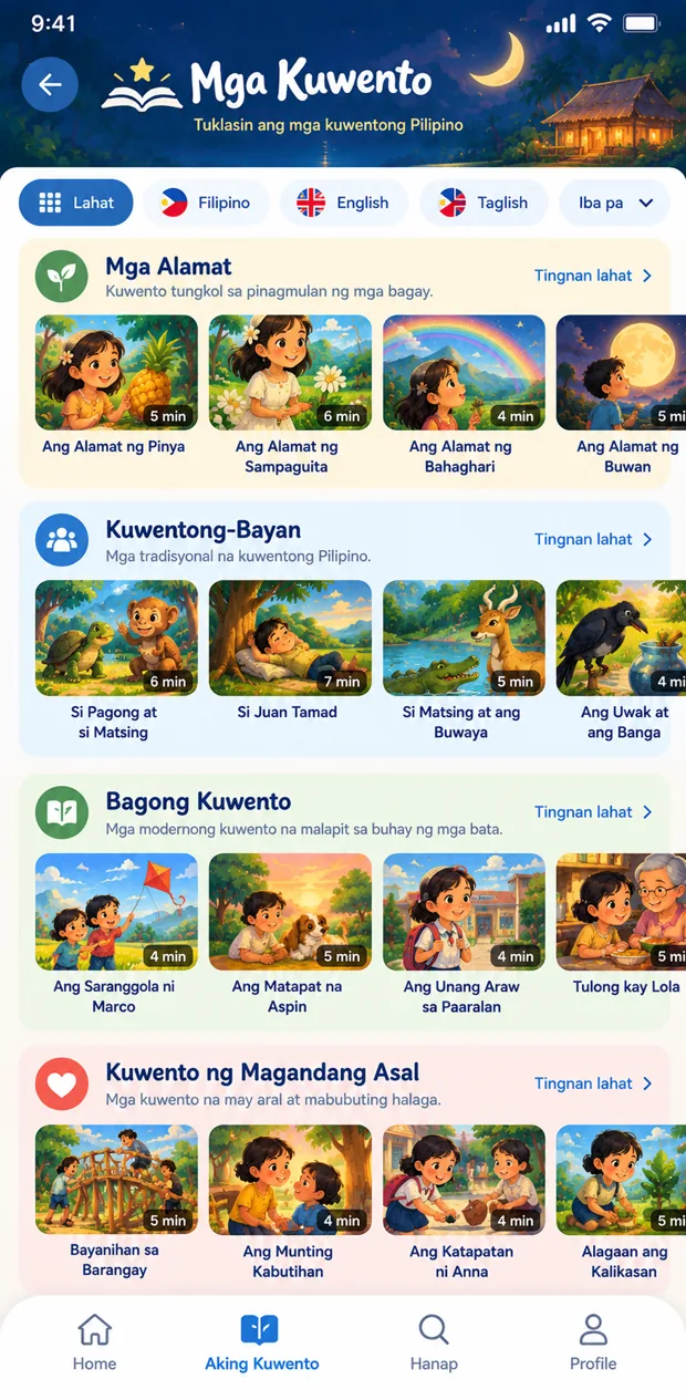 Mga Kuwento screen with stories grouped by category