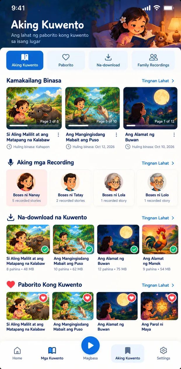 My Stories library with family recordings from Nanay, Tatay, Lola, and Lolo