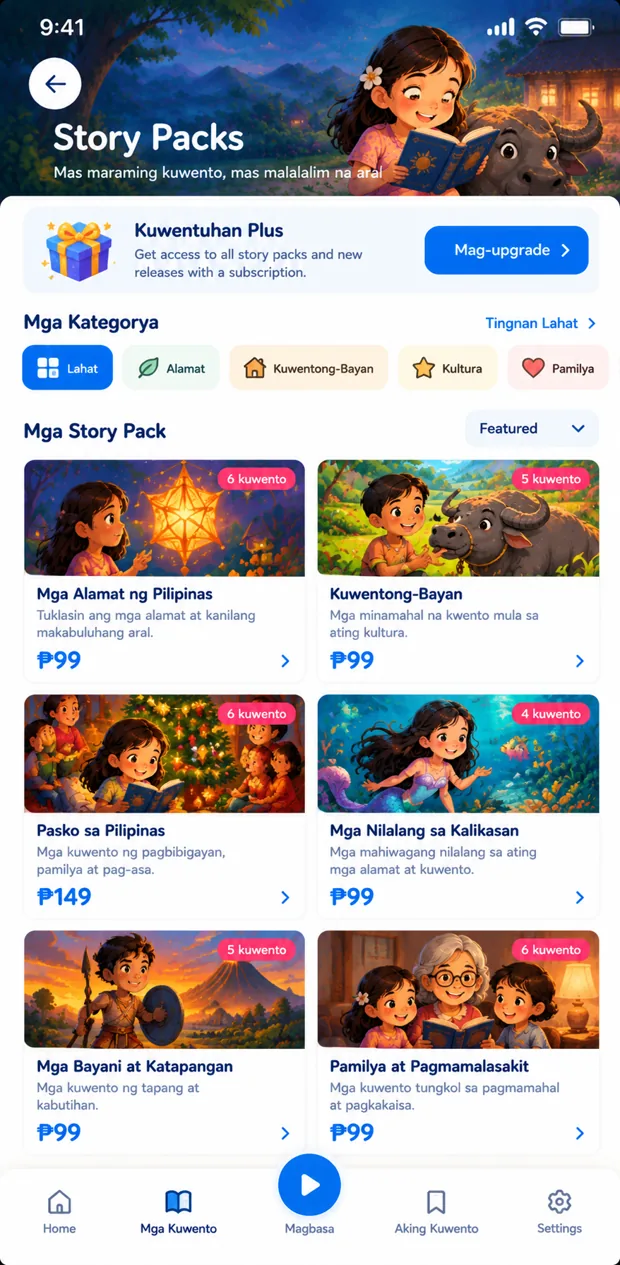 Story Packs store with six themed story packs and prices