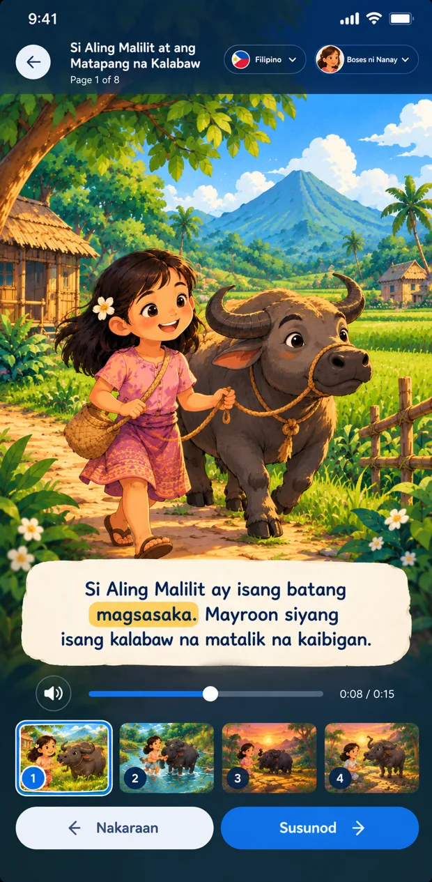 Story reader showing an illustrated page with narration controls