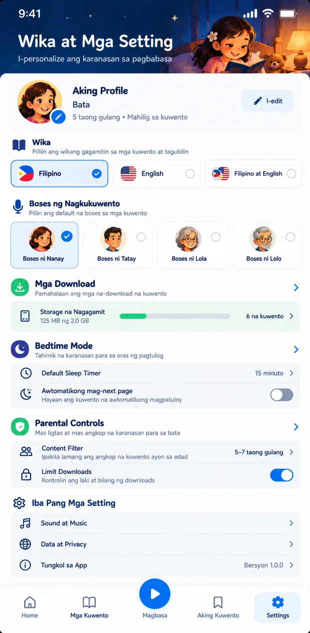 Settings with language, narrator voice, downloads, bedtime mode, and parental controls